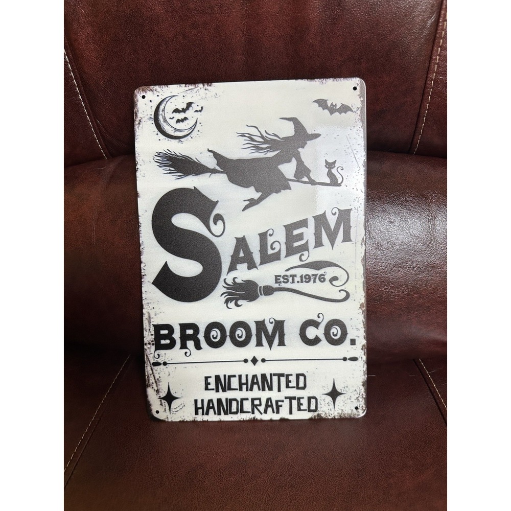 NEW The Salem Broom Company Tin Sign Witch Halloween Decoration Black White 8x12
